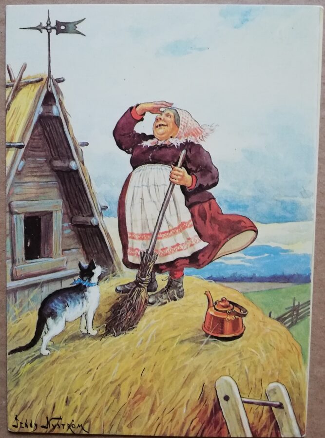 Apsveikuma pastkarte Glad påsk Lieldienu raganiņa ar slotu Jenny Nyström zviedru maksliniece-ilustrators 10,5x15 cm