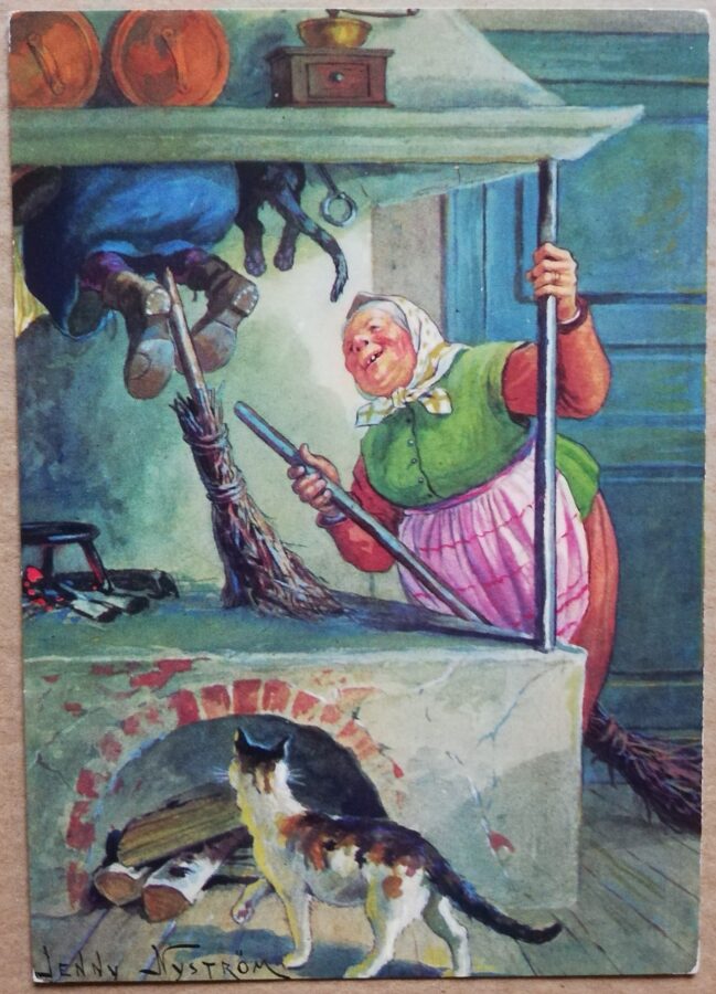 Apsveikuma pastkarte Glad påsk Lieldienu raganiņa pie kamīna Jenny Nyström zviedru maksliniece-ilustrators 10,5x15 cm