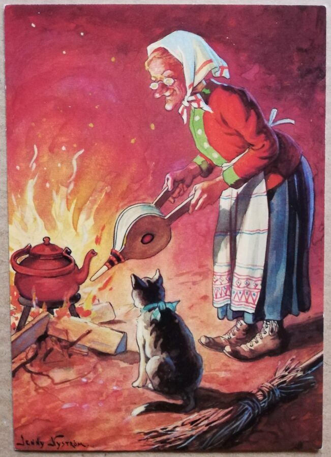 Apsveikuma pastkarte Glad påsk Lieldienu raganiņa ar kaķi Jenny Nyström zviedru maksliniece-ilustrators 10,5x15 cm