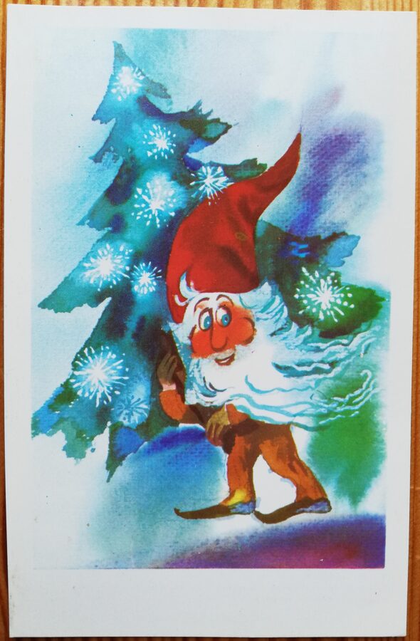 "Laimīgu Jauno gadu!" 1982. gada PSRS Jaungada kartīte ar rūķi 9x14 cm  