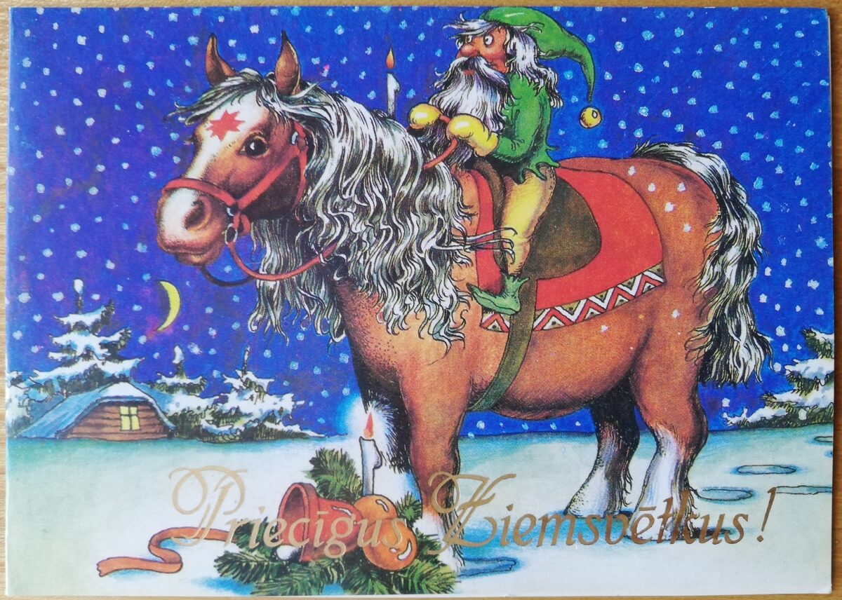 "Priecīgus Ziemassvētkus" 1985 PSRS Ziemassvetku pastkarte Rūķis zirga mugurā 15x10,5 cm  