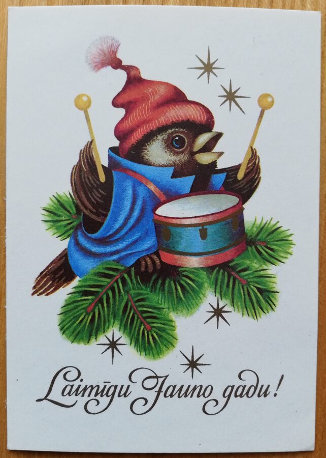 Jaungada pastkarte "Laimīgu Jauno gadu!" Putns ar bungām 7,5 * 10,5 cm 1990. gada PSRS perioda suvenīrs.