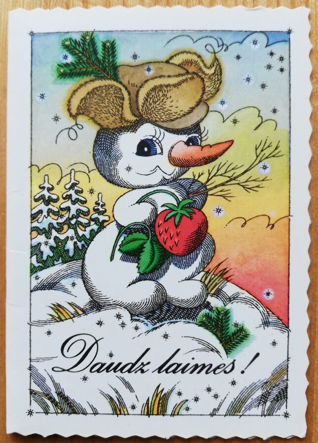 "Daudz laimes!" 1991. gada PSRS Jaungada karte 7,5x10,5 cm Sniegavīrs ar zemenēm  