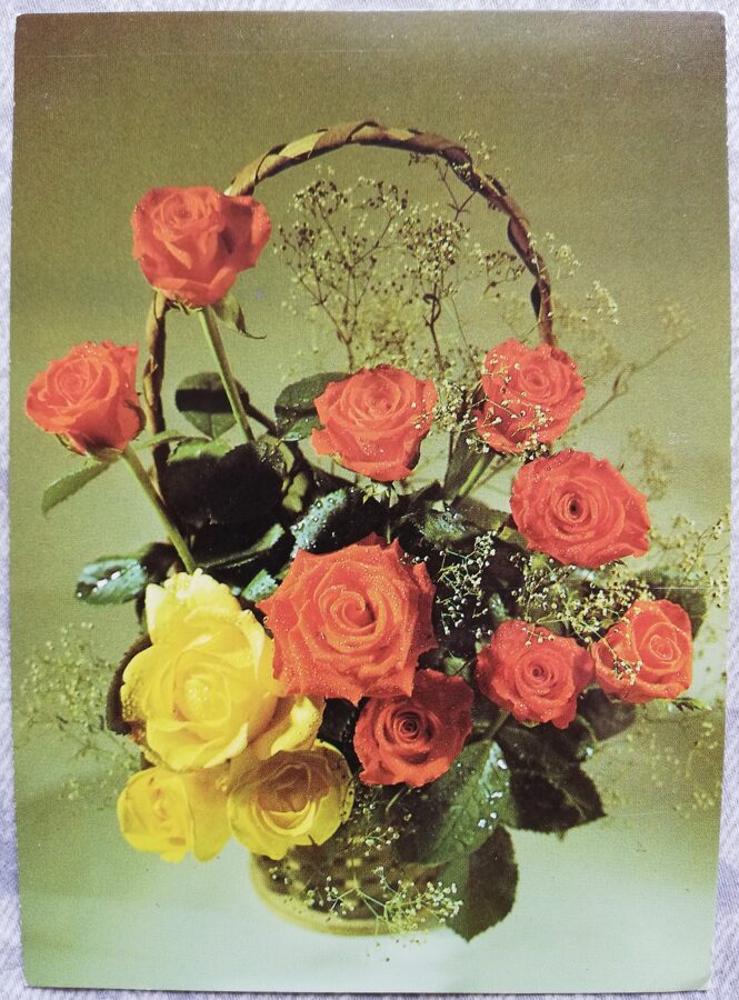 Apsveikuma kartīte "Grozs ar sarkanām un dzeltenām rozēm" 1989 "Ziedi" 10,5x15 cm. Foto: Vladimirs Kalva