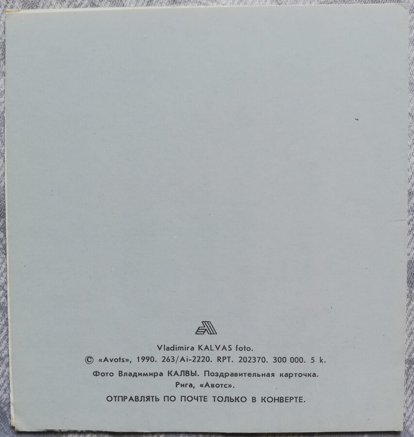 Apsveikuma kartiņa "Grozs ar neļķēm" 1990. gada "Ziedi" 10,5x11 cm. Vladimira Kalva foto