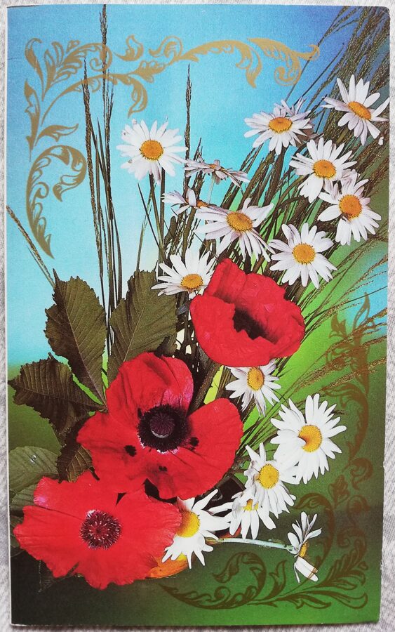 Apsveikuma kartīte "Sarkanās magones un margrietiņas" 1989 "Ziedi" 9,5x15,5 cm. V. Zelenova foto