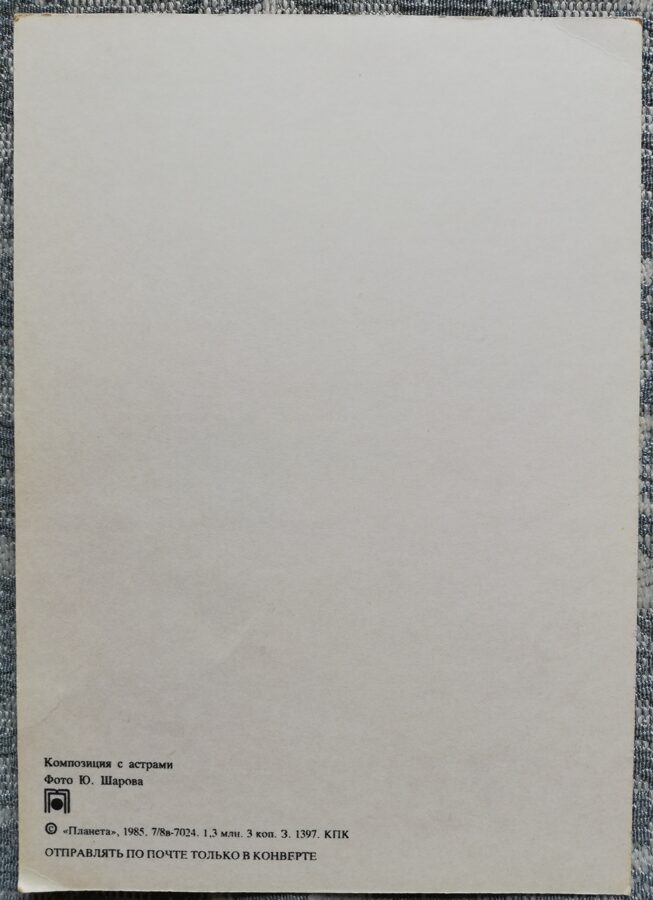 Apsveikuma kartīte "Kompozīcija ar astriem" 1985 "Ziedi" 10,5x15 cm. Foto: Ju. Šarovs