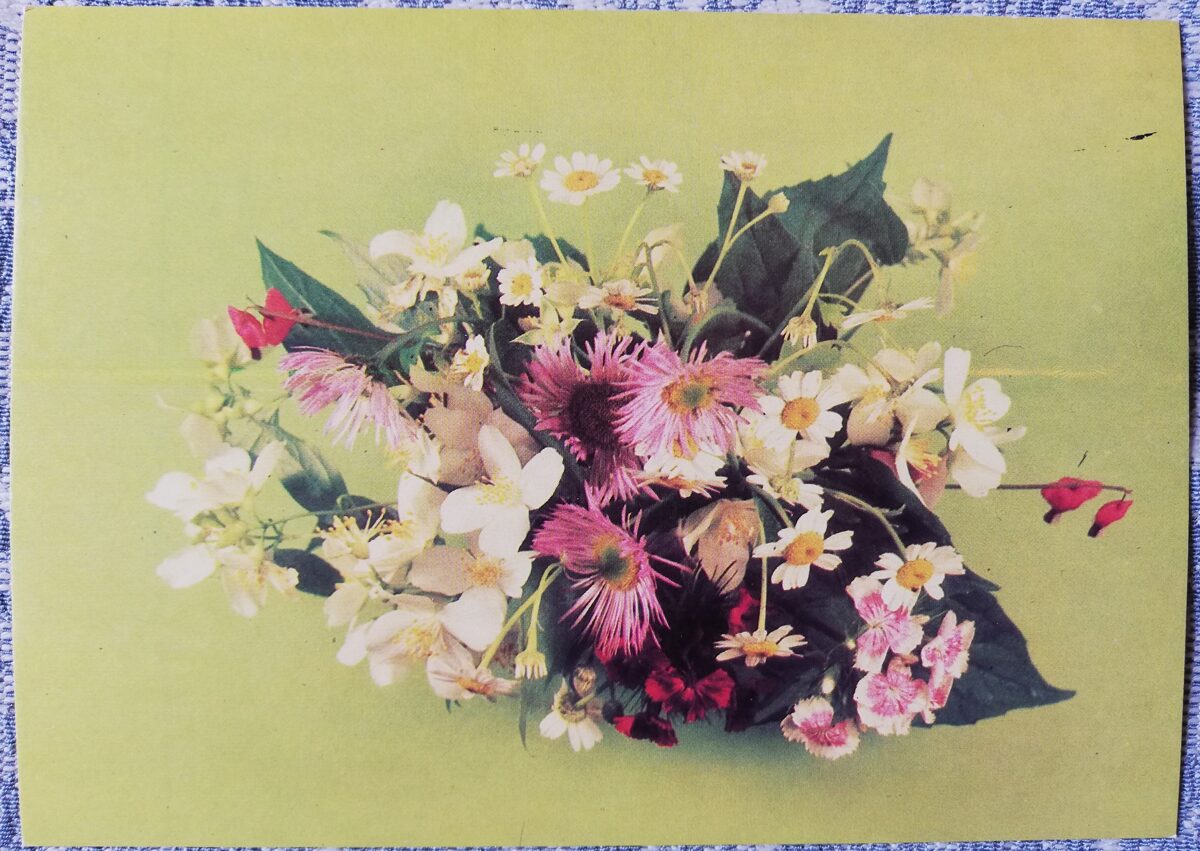 Apsveikuma kartīte "Ziedu kompozīcija" 1985 "Ziedi" 15x10,5 cm. A. Tjapčenkova foto
