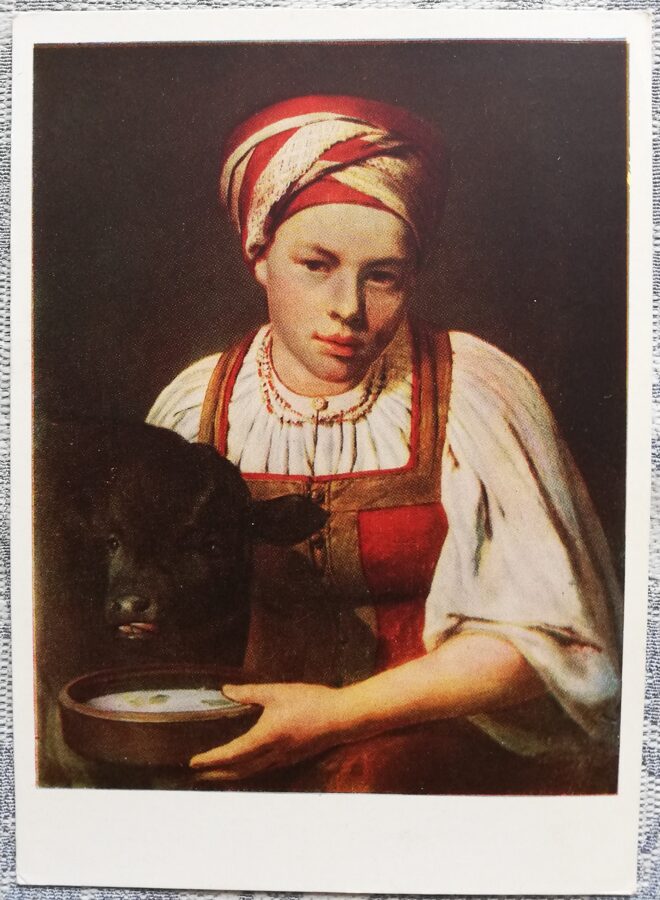 Alexey Venetsianov 1961 "Peasant girl with a calf" art postcard 10,5x15 cm
