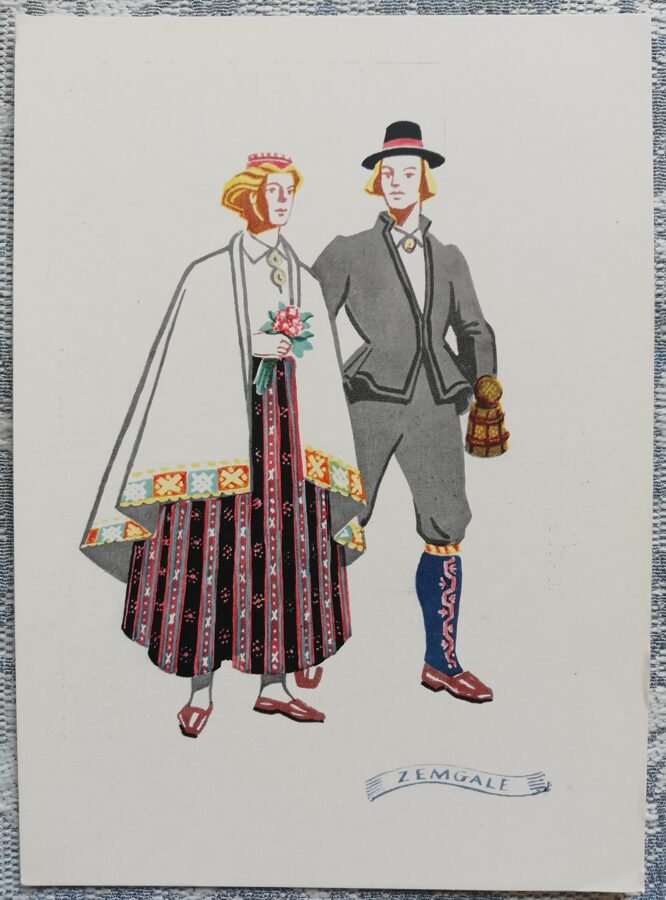 Zemgale. Zīmējums pēc latviešu tautastērpu motīviem. 1957. gada atklātne 10,5x15 cm Mākslinieks Girts Vilks