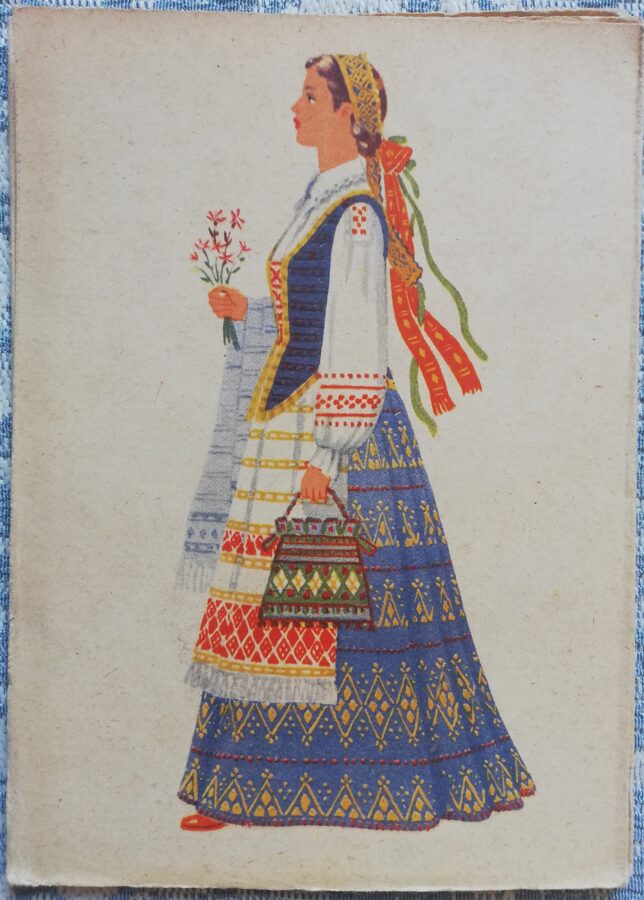Lietuviešu tautas tērps. Sieviešu tautas tērpi Aukštaitijā. 1960. gada pastkarte 10,5x14,5 cm  