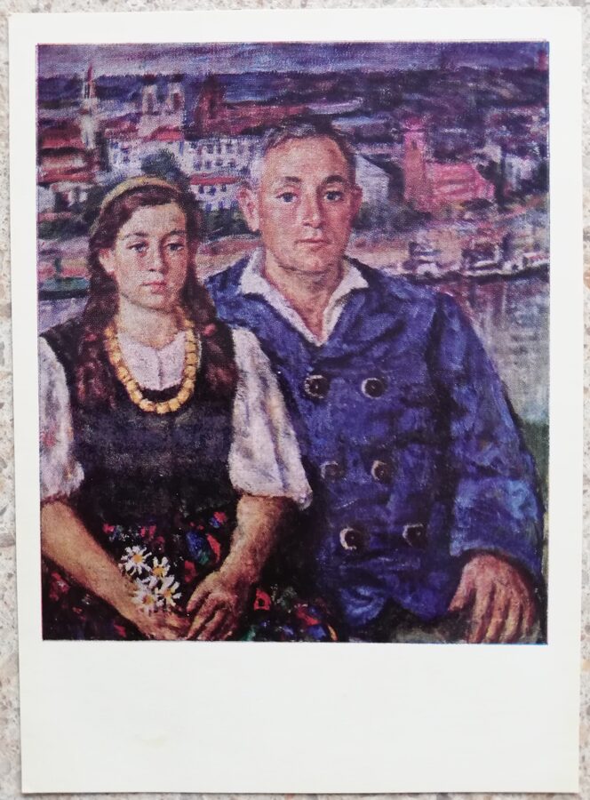 Vladas Eydukevicius 1968 Father with daughter 10,5x14,5 art postcard 