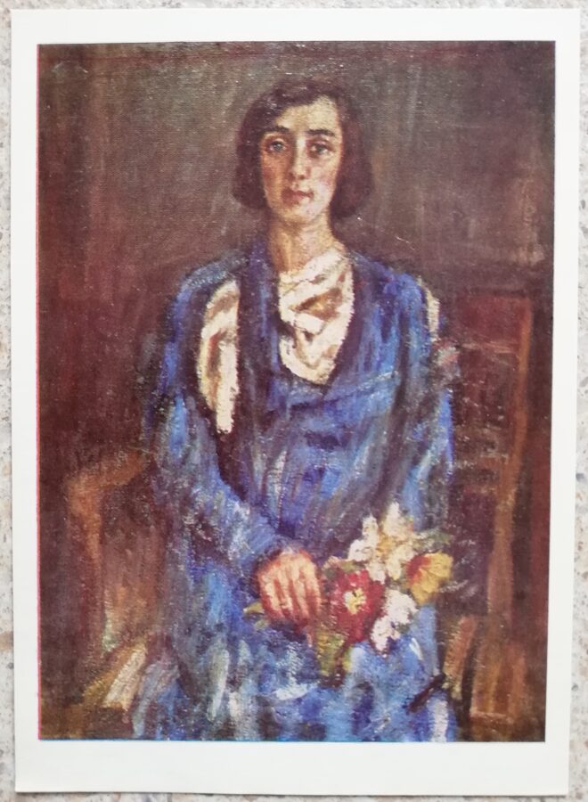 Vladas Eydukevicius 1968 Woman in a blue dress 10,5x14,5 art postcard 