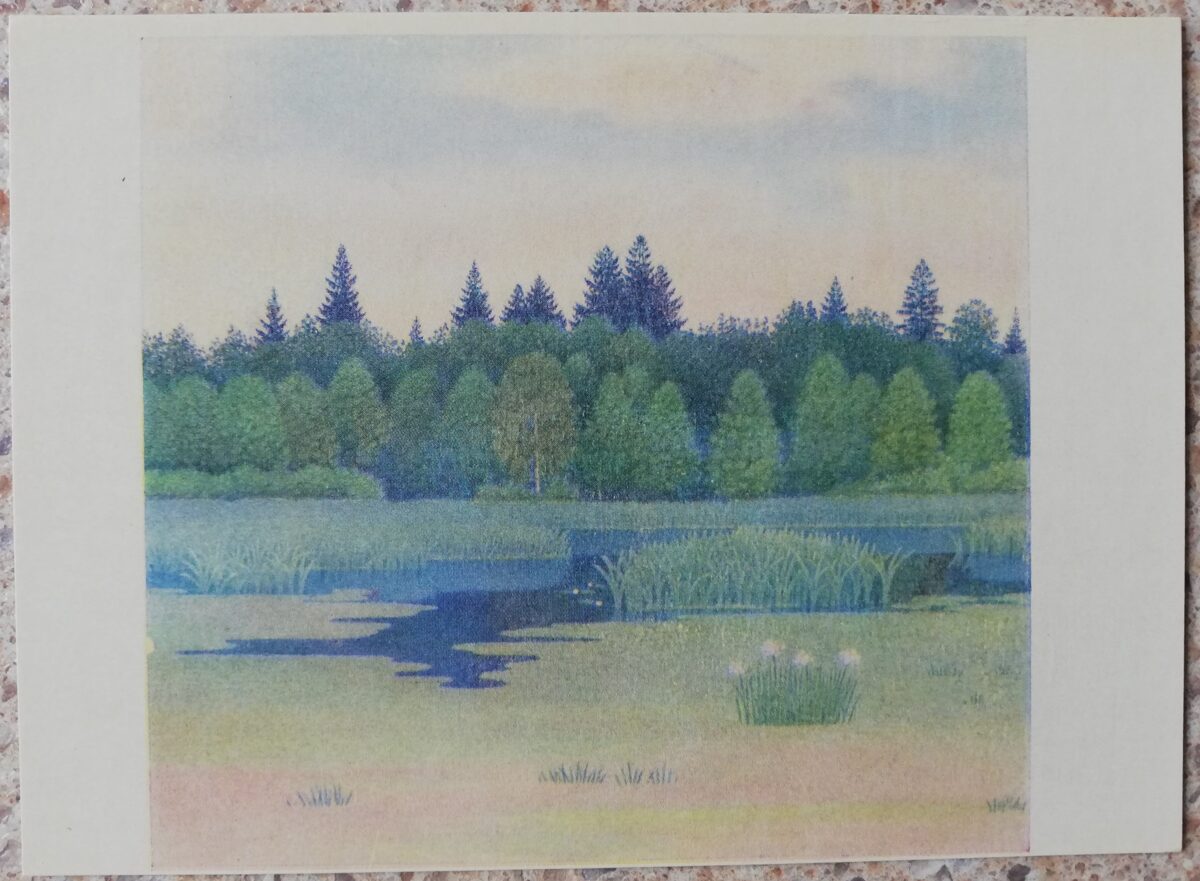 Lidija Meškaitīte 1969 Aizaugušais ezers 14,5x10,5 cm mākslas pastkarte 