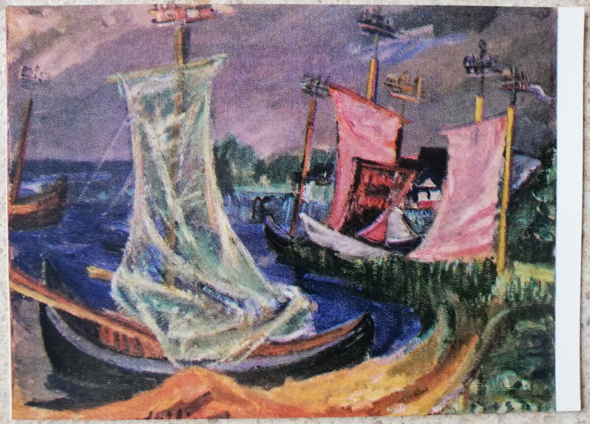 Antanas Gudaitis 1972 Boats Nida Lithuania 15x10.5 cm art postcard 