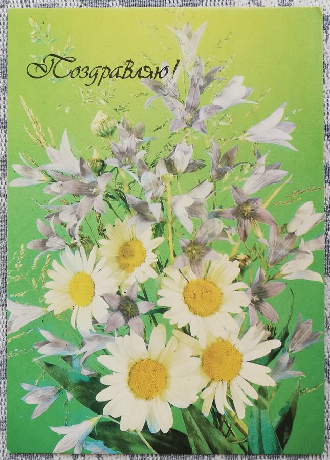 "Congratulations!" 1989 greeting card of the USSR Bouquet with daisies 10.5x15 cm  