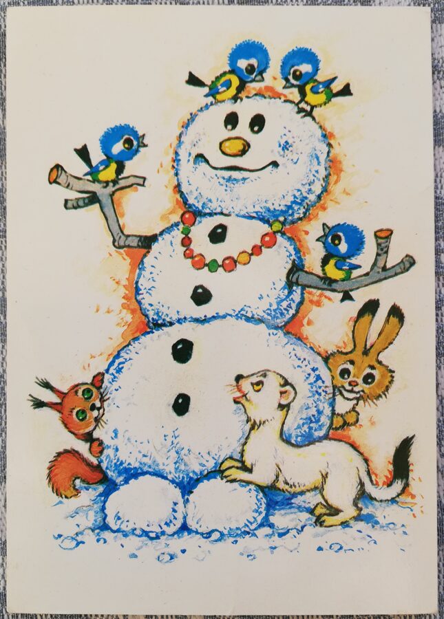 Margarita Stāraste 1984 "Sniegavīrs ar zīlītēm, vāveri un zaķi" Jaungada kartīte 10,5x15 cm 