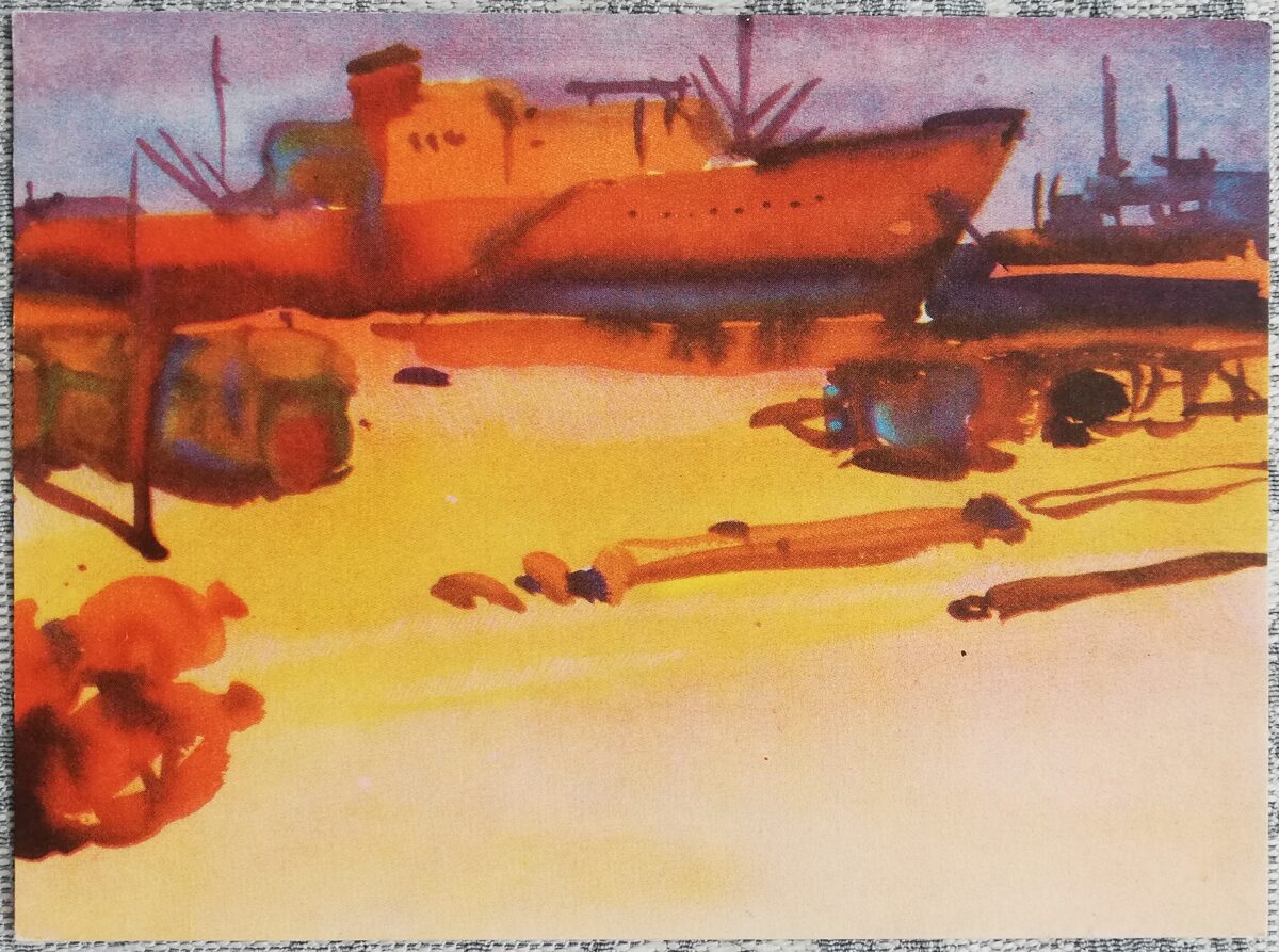 Nikolajs Petraškevičs 1963 akvareļa "Kuģis pie piestātnes" mākslas pastkarte 15x10,5 cm      