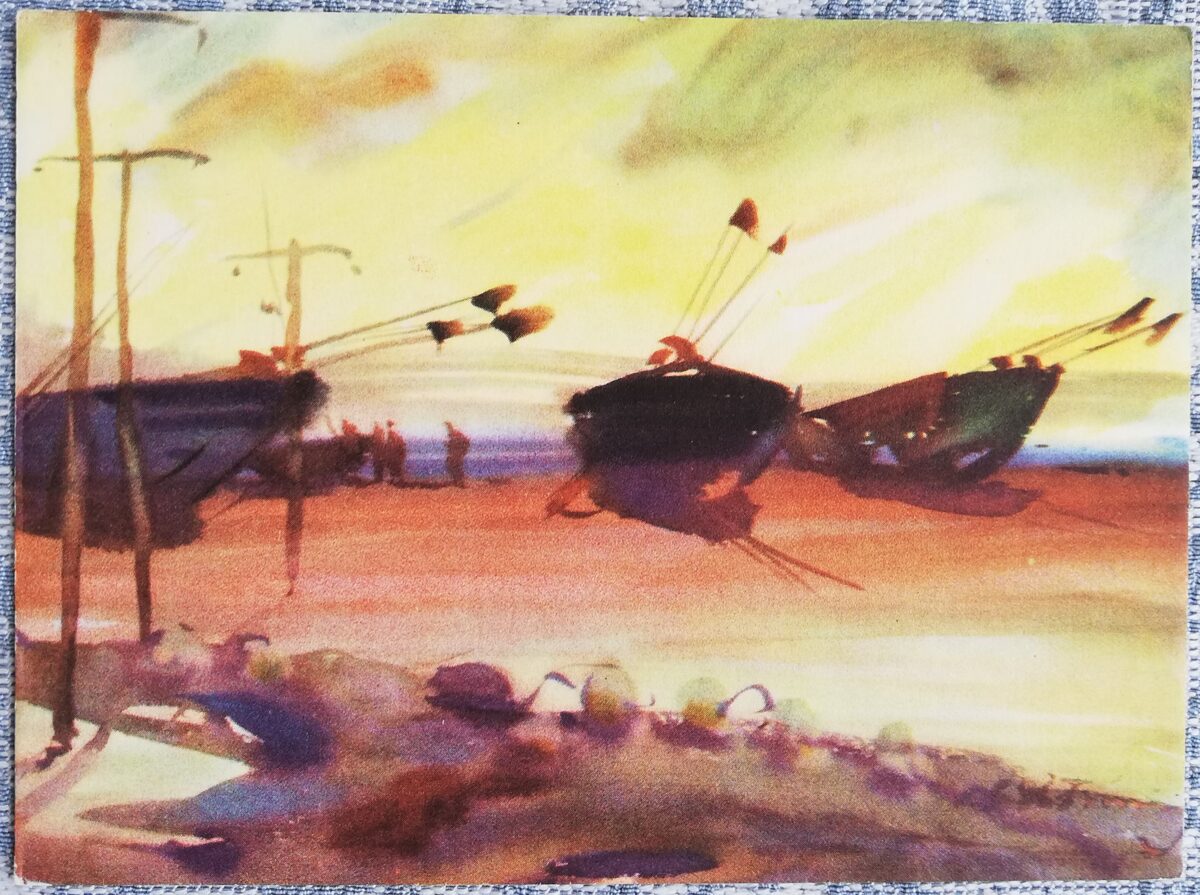 Nikolajs Petraškevičs 1963 akvareļa "Zvejas laivas jūras krastā" mākslas pastkarte 15x10,5 cm        