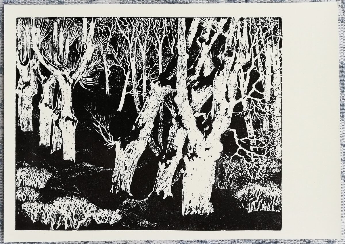 Josifs Elgurts 1972. gada mākslas pastkarte "Koki" 15x10,5 cm grafika  