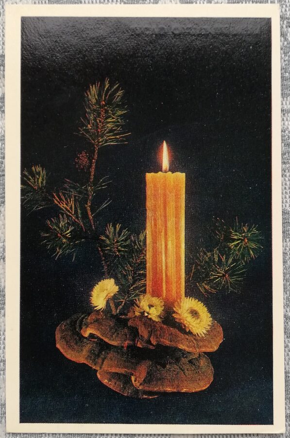 "Laimīgu Jauno gadu!" 1979. gada Jaungada kartīte PSRS Ekibana ar dzeltenu sveci 9x14 cm  