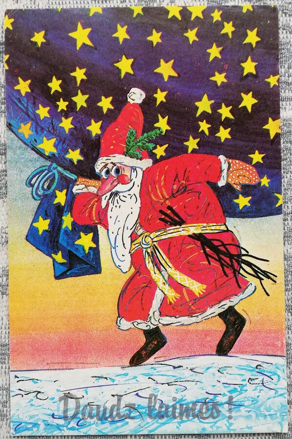"Daudz laimes!" 1989. gada PSRS Jaungada karte Ziemassvētku vecītis nes milzīgu dāvanu maisu 9x14 cm 
