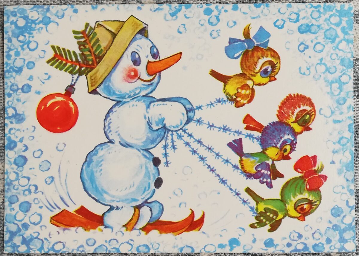 Jaungada pastkarte 1982. gada Margarita Stāraste "Sniegavīrs slēpo" 15x10,5 cm  