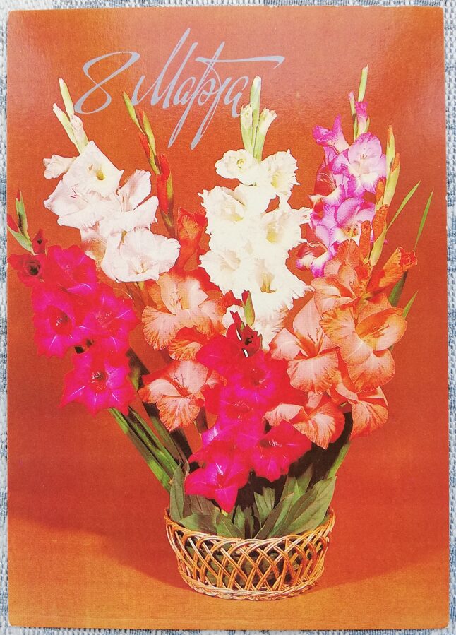 «8 марта» 1984 поздравительная открытка CССР Гладиолусы в корзине 10,5x15 см  