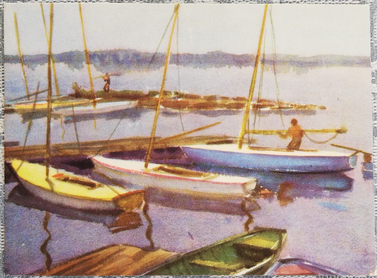 M. Karpenko 1963 Akvarelis Buru laivas piestātnē pastkarte 15x10,5 cm  