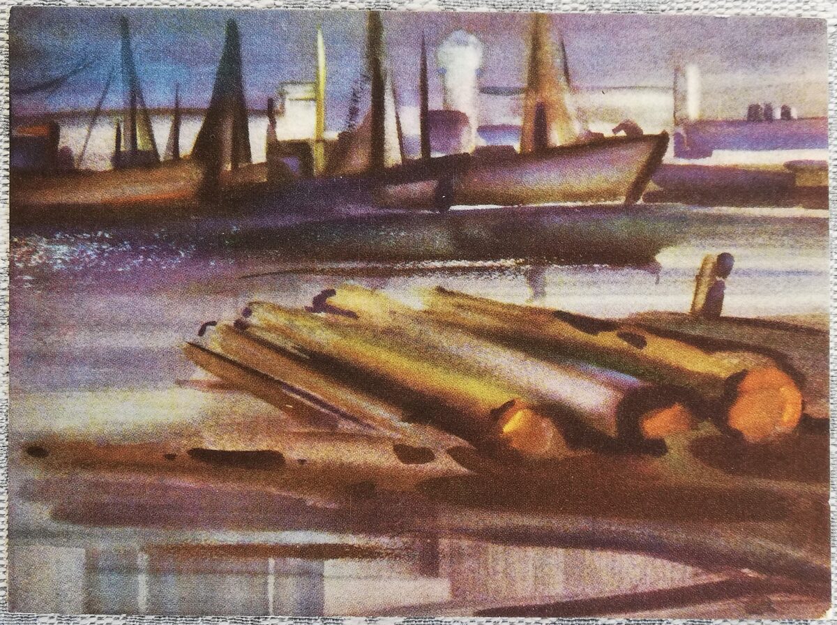 Romis Bems 1963 Akvarelis Ostā krasts ar baļķiem pastkarte 15x10,5 cm  