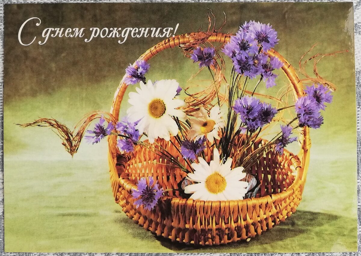 "Daudz laimes dzimšanas dienā!" 1986. gada kumelītes un rudzupuķes 15x10,5 cm pastkarte PSRS  