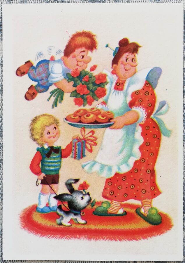 "Congratulations!" 1987 Postcard USSR 10.5x15 cm Carlson and Malysh congratulate Freken Bock  