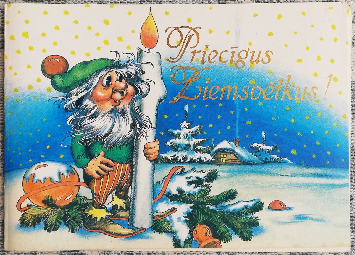 "Priecīgus Ziemassvētkus!" 1989. gada Ziemassvētku kartīte PSRS 15x10,5 cm Ziemassvētku rūķītis ar sveci 