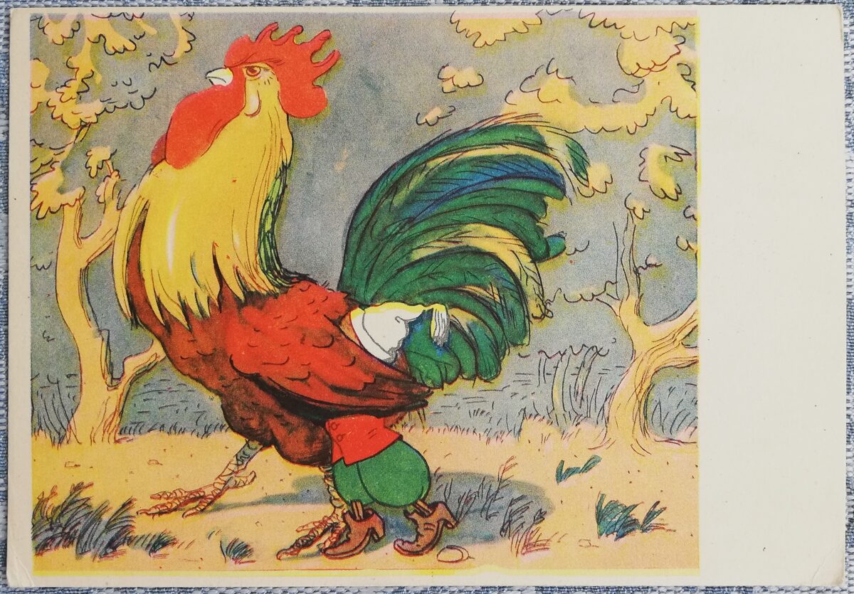 Детская открытка 1956 Буратино и петух 15x10,5 см открытка СССР  
