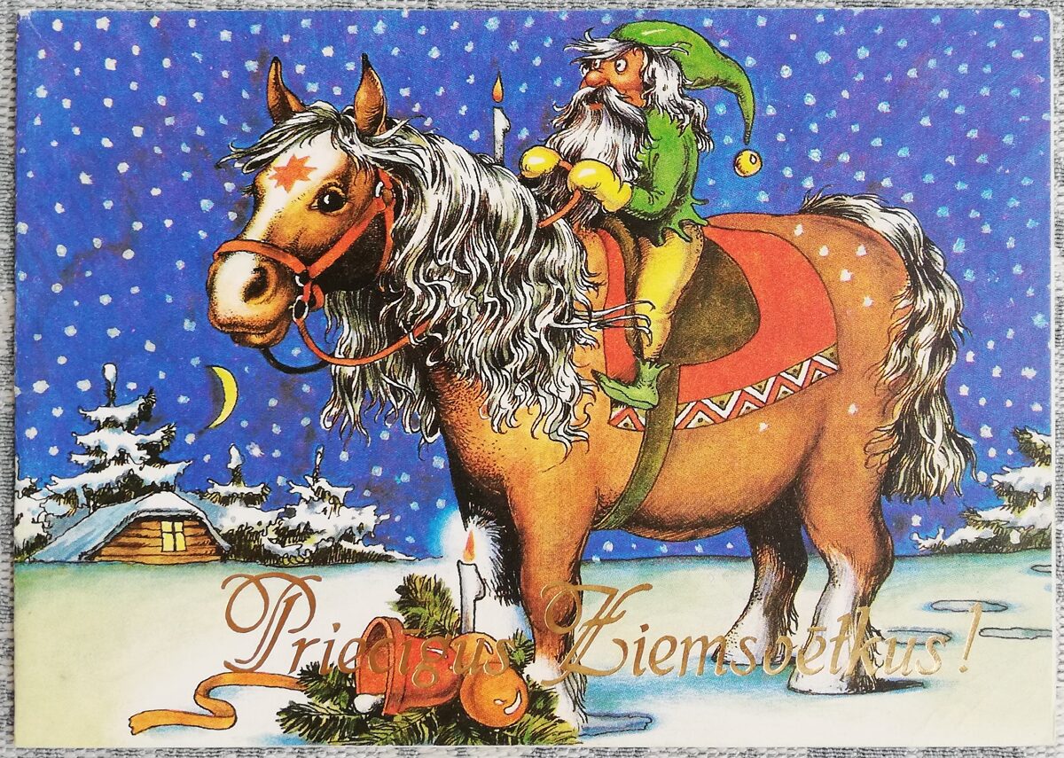 "Priecīgus Ziemassvētkus!" 1989 Rūķis zirgā 15x10,5 cm Latvijas pastkarte  