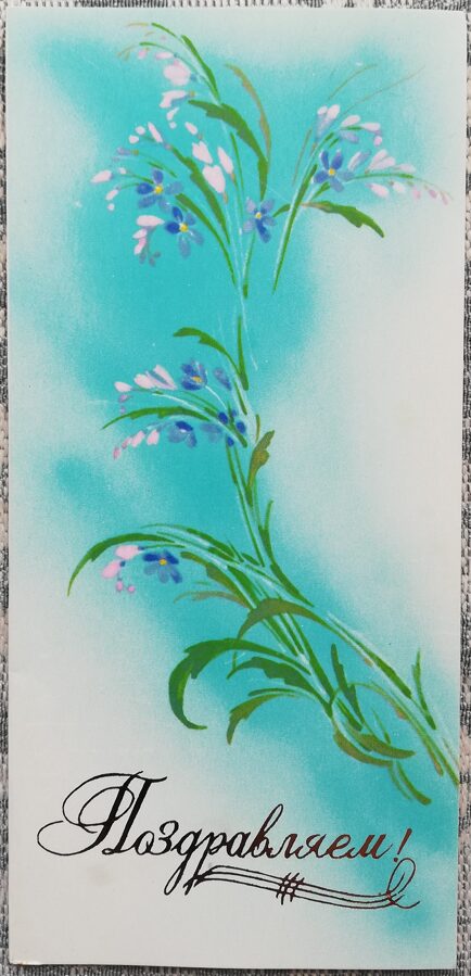 "Congratulations!" 1987 Flowers on a blue background 7x15 cm USSR art postcard  