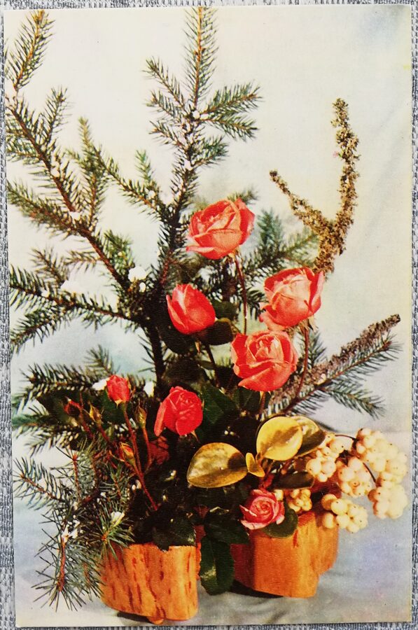 "Congratulations!" 1975 Roses and spruce branches 9x14 cm USSR postcard  
