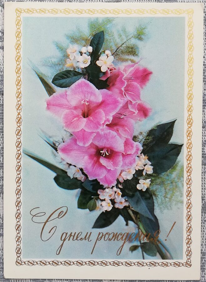 Happy birthday 1976 Gladiolus and jasmine 10.5x15 cm USSR postcard  