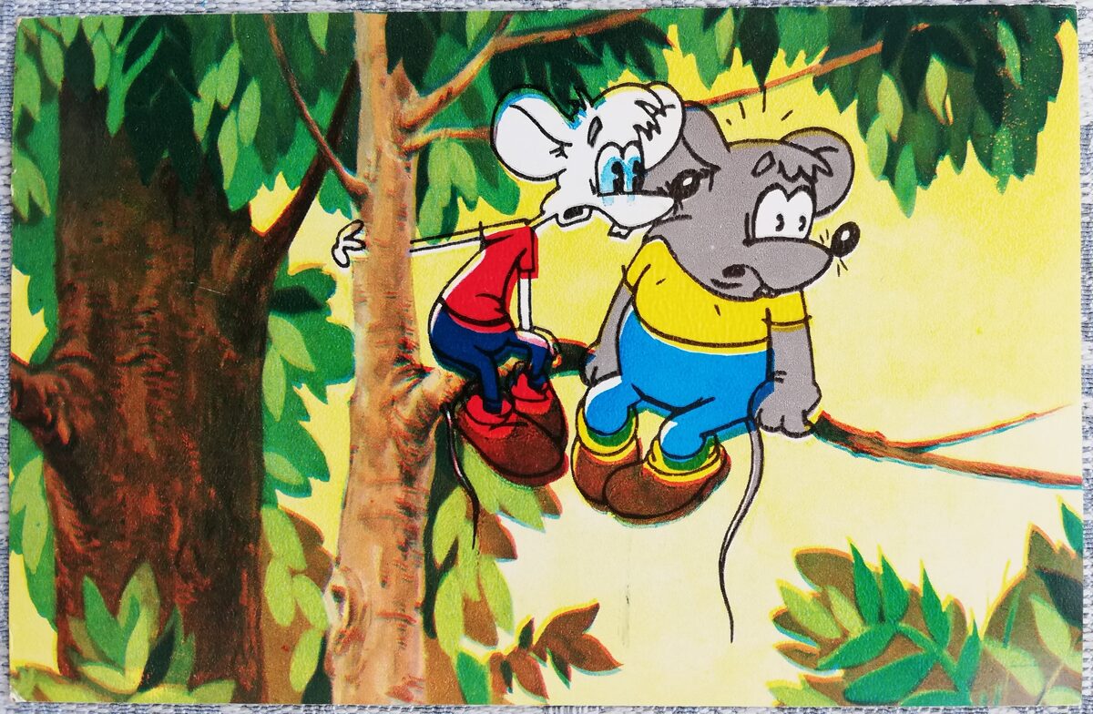 Kaķa Leopolda pastaiga 1984 Peles uz koka 14x9 cm PSRS bērnu pastkarte  