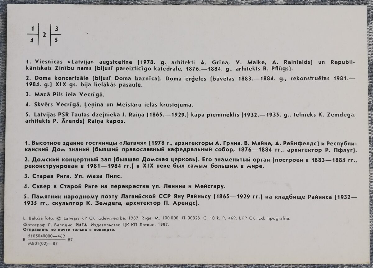 Памятник Райнису 1987 Рига 15x10,5 см открытка СССР  