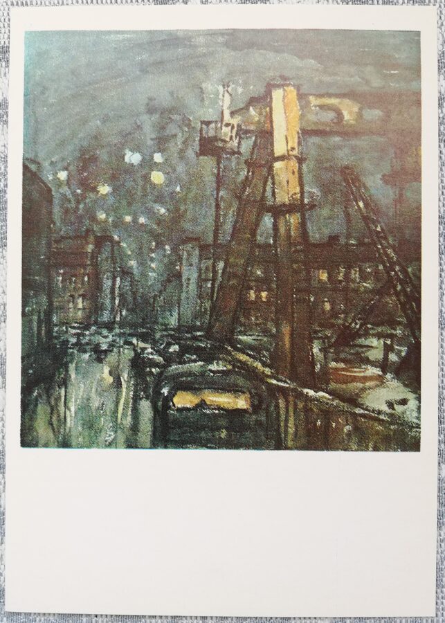 Nikolajs Volkovs 1975 “Vakars. Būvniecība." 10,5x15 cm PSRS mākslas pastkarte  