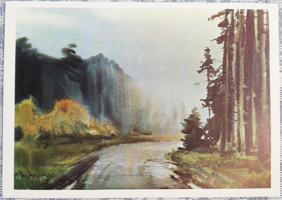 Vladimirs Bogatkins 1975 "Lietus aiziet" 15x10,5 cm PSRS mākslas pastkarte  
