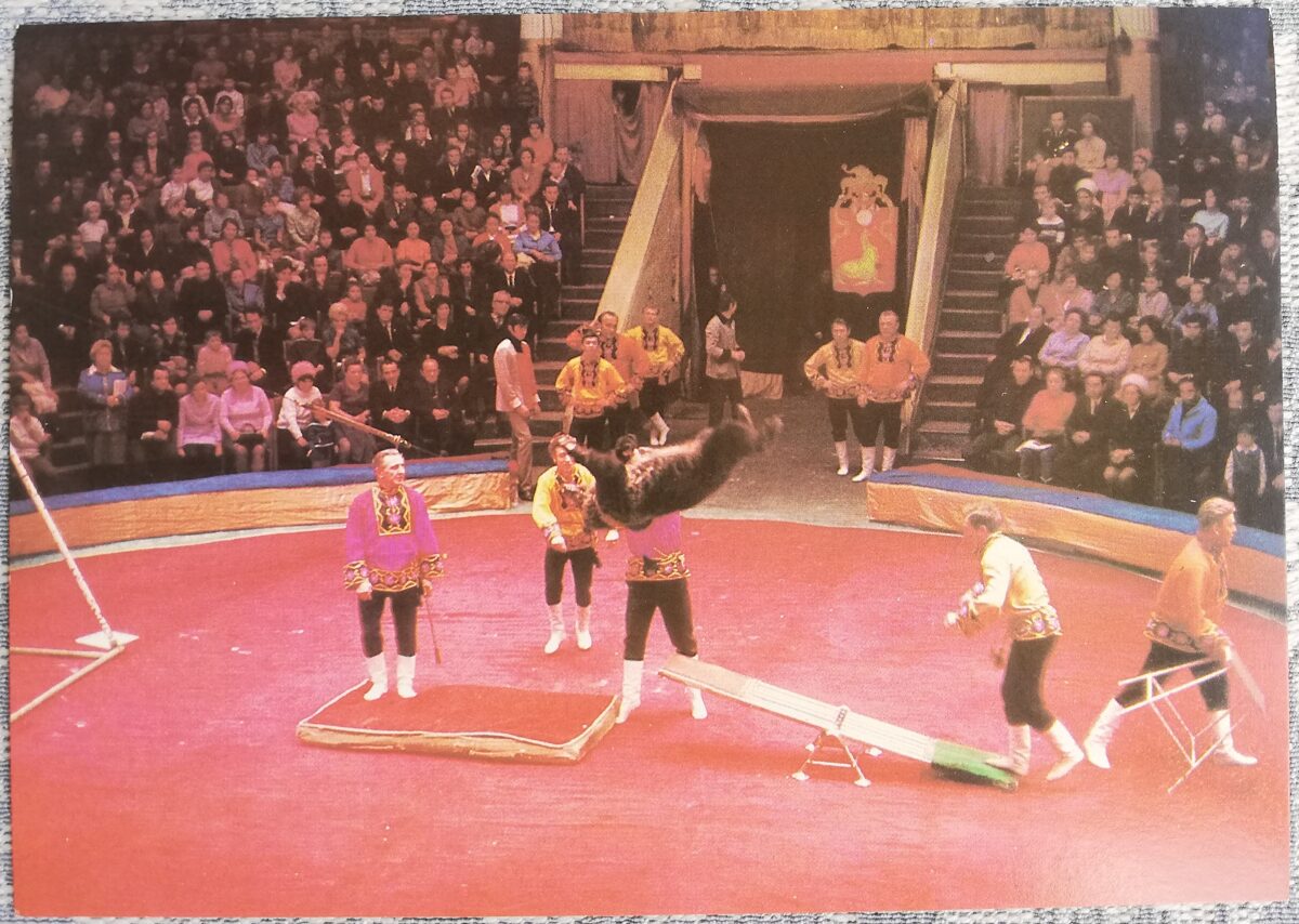 Circus 1986 Belyakovs - acrobats on a swing with bears 15x10.5 cm USSR postcard  