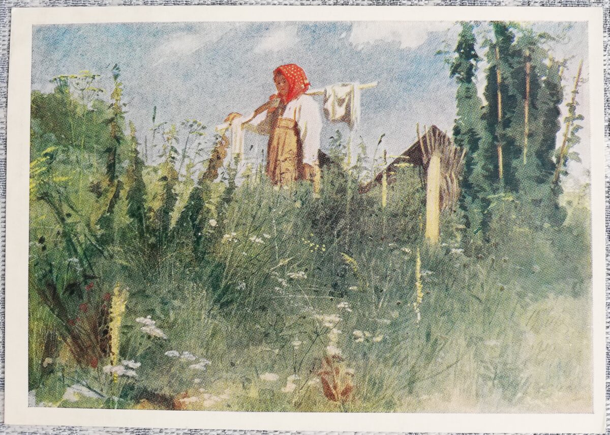 Ivan Kramskoy 1956 Girl with linen 15x10.5 cm USSR art postcard  