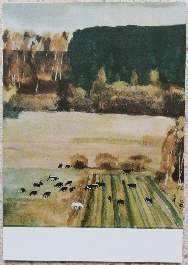 Александр Дейнека 1974 Пейзаж со стадом 10,5x14,5 см открытка СССР  