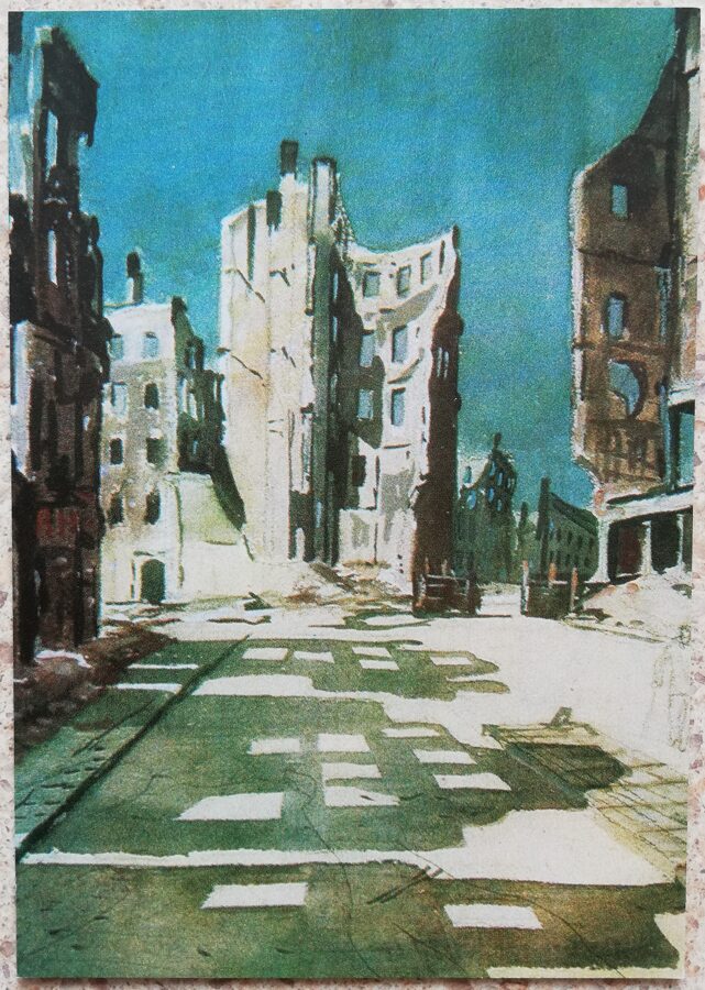 Alexander Deineka 1974 Berlin. Ruined buildings 10.5x14.5 cm USSR postcard  