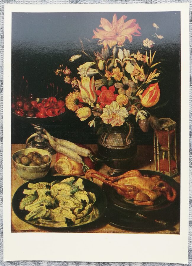 Georgs Flegels 1973 Klusā daba ar ziediem un uzkodām 10,5x15 cm PSRS mākslas pastkarte  