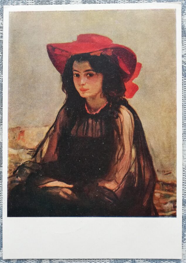 Портрет девушки в красной шляпе 1956 Александр Мурашко 10,5x15 см открытка Украина  