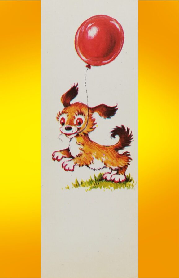 Margarita Stāraste 1986 Apsveikuma mini pastkarte 5x14,5 cm Kucēns ar sarkanu balonu   