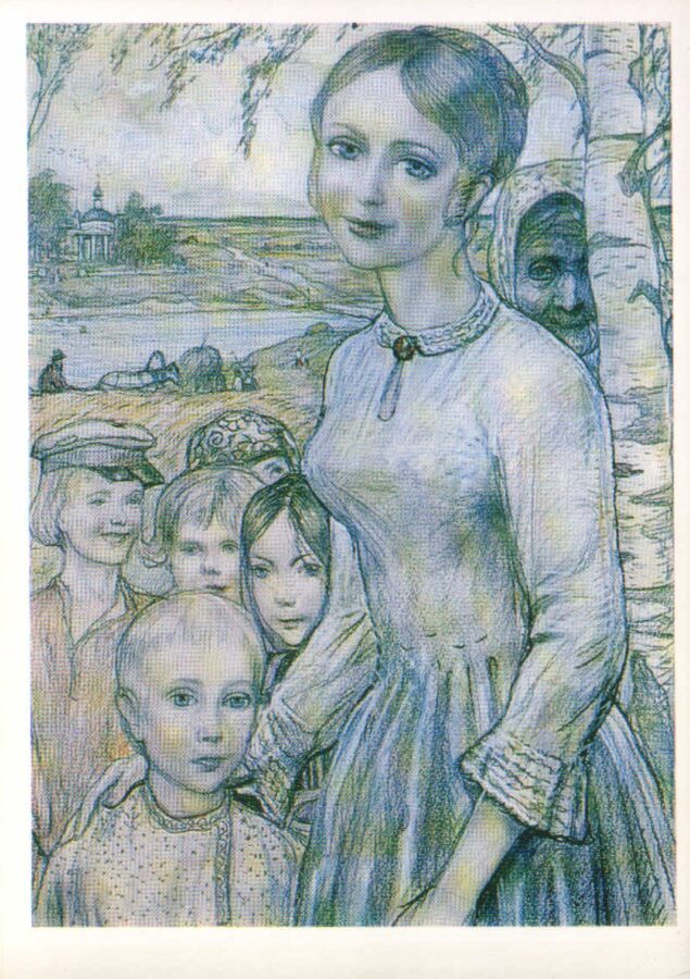 Iļja Glazunovs 1976. gads "Marfiņka ar zemnieku bērniem." mākslas pastkarte 10,5x15 cm 